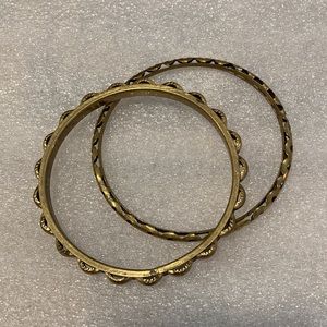 2-Piece Brass Tone Round Filigree & Bump Bangle Set